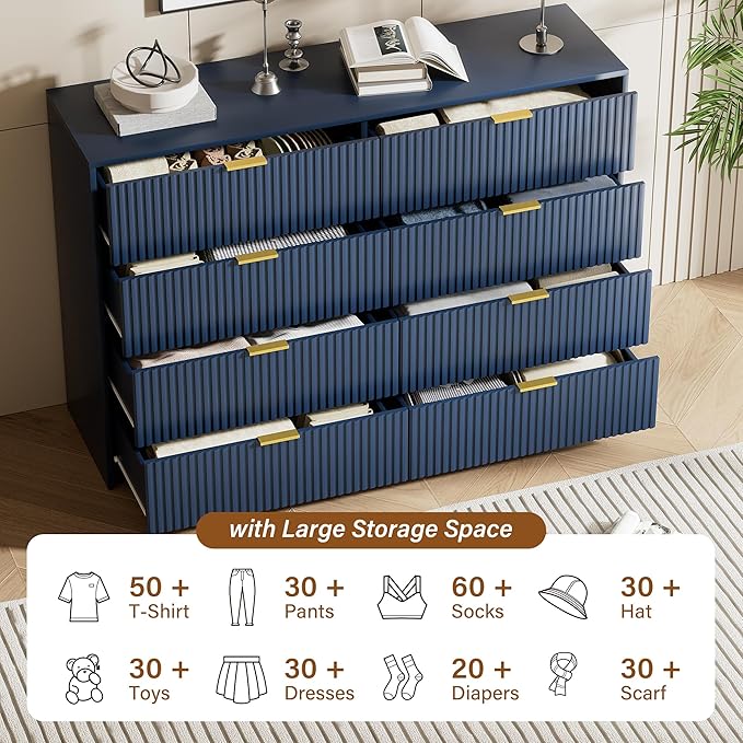 Furniway Navy Blue Dresser Bedroom Set 3 Pieces, Nightstands Sets of 2, 8 Drawer Dresser with Gold Handles for Bedroom