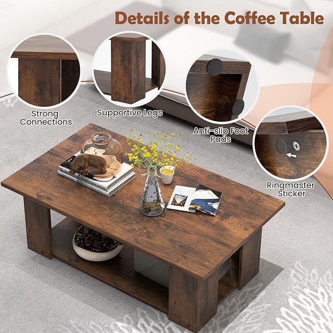 Giantex Rectangle Wood Center Table, 41" L 2-Tier Large Modern Tea Table w/Open Compartment, Easy Assembly, Accent Coffee Table for Living Room, Reception Room, Rustic Brown