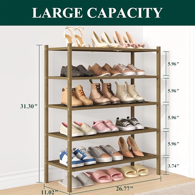 Smiry Bamboo Shoe Rack, 5 Tier Shoe Organizer for Entryway & Closet, Stackable Free Standing Storage Shelf for Shoes, Bags & Plants, Walnut - Image 2