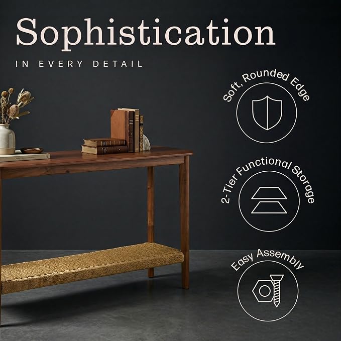 Alaterre Furniture Calais 48 Inch Solid Wood Entryway Table with Woven Storage Shelf – Mid Century Modern 2-Tier Sofa Table for Living Room, Hallway, or Foyer (Chestnut) - Image 6