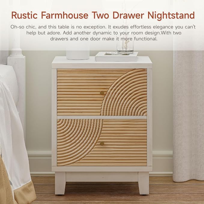 COZAYH 2-Drawer Farmhouse Nightstand X 2P, Mid Century Nightstand Fully Assembled with Handcrafted Wood Ring Pattern for Boho, Mid-Century, Rustic Style, White - Image 4