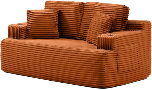 Floor Loveseat Boneless Sofa Couch in a Box with Cup Holder and Side Pockets, Corduroy Upholstered 2 Seater Cloud Foam Sofa with Deep Seating for Living Room, No Assembly | Breathable material, Cupholders