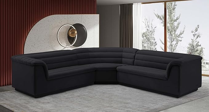 Meridian Furniture 194Black-Sectional Cascade Collection Modern | Contemporary Modular Sectional with Soft Black Velvet Fabric, Deep Channel Tufting, Curved Arms, 148" W x 80" D x 28" H, Black