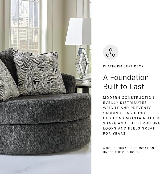 Signature Design by Ashley Biddeford Transitional Upholstered Oversized Swivel Accent Chair with 3 Accent Pillows, Black