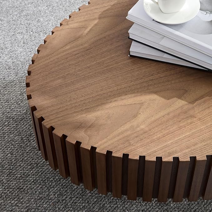 43.7" Oval Coffee Table for Living Room Fluted Pedestal Coffee Table Modern Handcrafted Centre Table for Apartment, Easy Assembly, Walnut