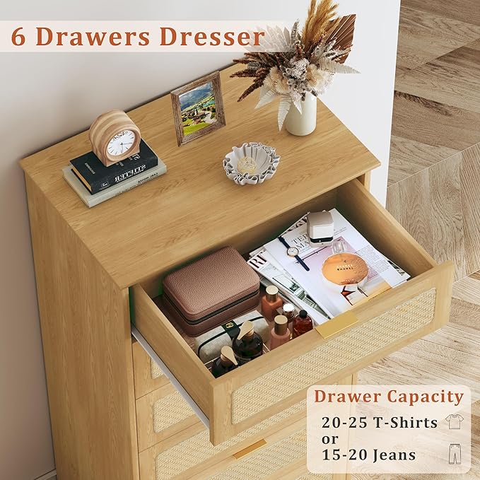 HUAHUU 6 Drawer Dresser for Bedroom, 50 Inch Tall Dressers & Rattan Chest of Drawers, Boho Style, Wood Modern Dressers Organizer for Bedroom, Living Room, Hallway, Entryway, Oak - Image 4