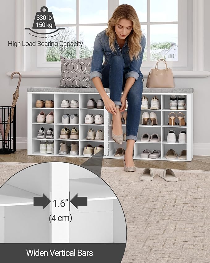 Hzuaneri Shoe Storage Bench with Cushion, Entryway Storage Bench with 24 Cubbies, 9.5" Widened Organizer Cabinet, Long Cubby Rack for Living Room, Bedroom, Entryway, White SB32403GY - Image 6