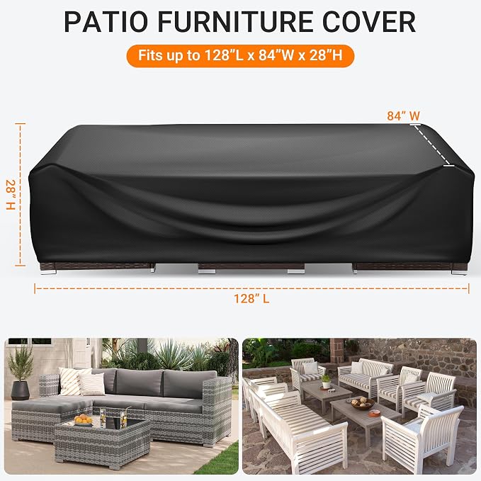 WLEAFJ Patio Furniture Covers Rectangle, Outdoor Table Covers Waterproof, Heavy Duty Outdoor Furniture Cover, Patio Sectional Set Cover 128"L x 84"W x 28"H, Black - Image 2