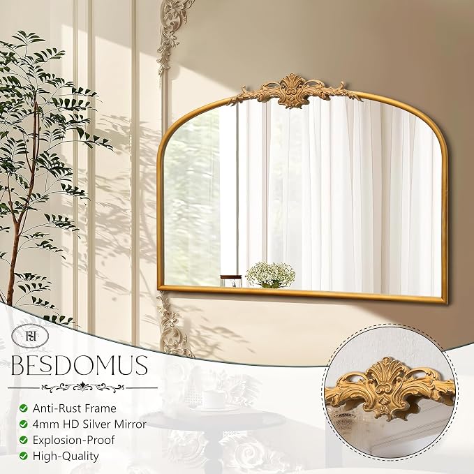 Besdomus Antique Arched Gold Mirror: 32"x24" French Large Gleaming Gold Antique Wall Mounted Mirror - Baroque Traditional Ornate for Fireplace/Bathroom/Bedroom - Wall Decor for Homemakers - Image 6