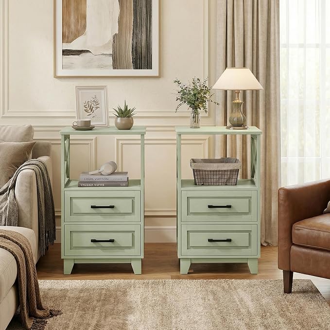 RoyalCraft 30" Tall Nightstand, Modern Painted Bedside Table with 2 Drawers and Open Shelf, Wood Side Table for Bedroom, Home Office, Green-Open Shelf Above, Set of 2 by Bringyoubetterlife