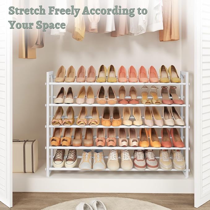 FAVOOSTY 3-Tier Expandable Shoe Rack, Adjustable Shoe Shelf Storage Organizer Space Saving Metal Free Standing Shoe Rack for Entryway Closet Doorway, Silver Grey (White, 5 Tier) - Image 8