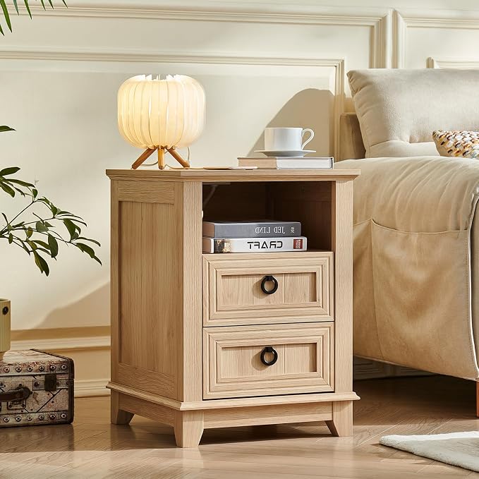 Joaxswe 18" Farmhouse Night Stand with Charging Station, 2 Drawers Bedside End Table, Natural Wooden Nightstand, Bed Side Table Cabinet with Open Shelf for Bedroom Living Room Office - Image 3