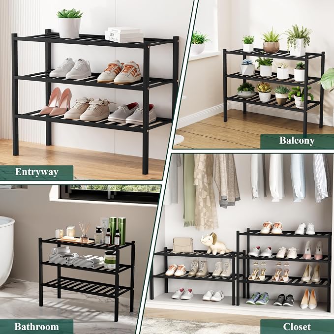 Smiry Shoe Rack, 4 Tier Bamboo Shoe Organizer, Stackable Free Standing Wooden Shoe Storage Shelf for Closet, Entryway, Front Door Entrance, Black - Image 7