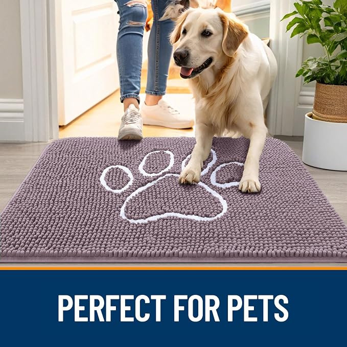 OLANLY Dog Door Mat for Muddy Paws 30x20, Paw Print Design, Absorbs Moisture and Dirt, Absorbent Non-Slip Washable Doormat, Quick Dry Chenille Mud Mat, Entry Indoor Entryway Carpet, Deep Plum - Image 6
