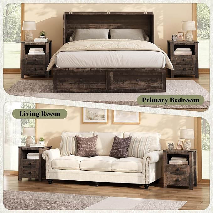 AMERLIFE 18" Farmhouse Nightstand Set of 2, Wooden Bedside Table with 2 Drawers & Open Shelf, Rustic End Table for Bedroom/Living Room, Black Oak - Image 7