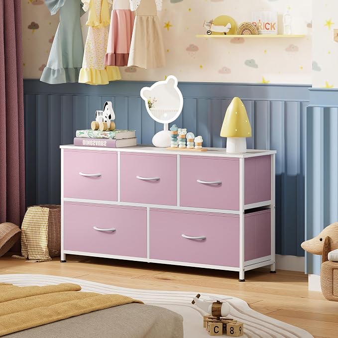 WLIVE Dresser for Bedroom with 5 Drawers, Wide Chest of Drawers, Fabric Dresser, Storage Organizer Unit with Fabric Bins for Closet, Living Room, Hallway,A-Pink - Image 8