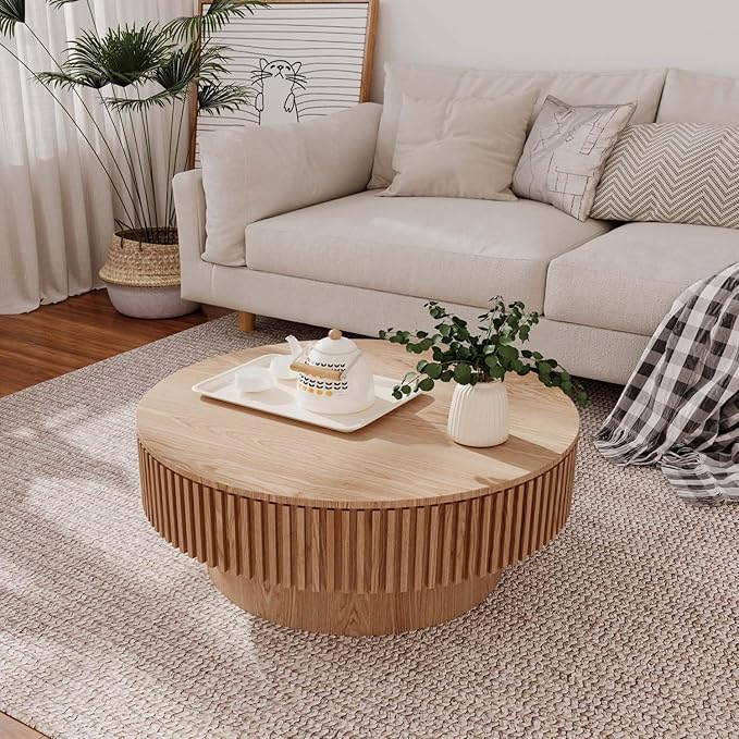 31.5'' Small Round Coffee Table with Storage, Fluted Coffee Table with Solid Wood Veneered, Mid Century Modern Wooden Center Table, Accent Tea Table for Small Space Living Room Apartment, Natural