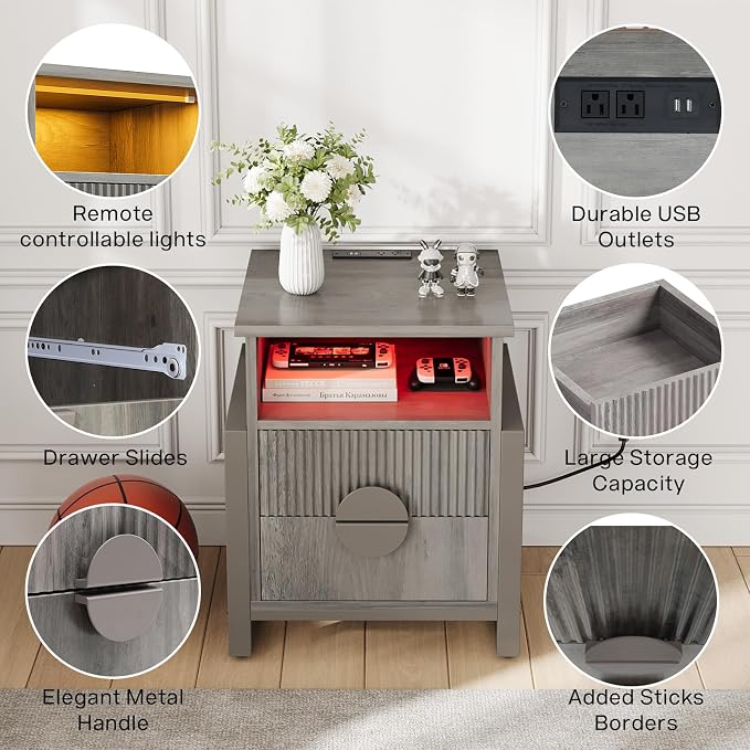 LGHM Fluted Nightstand with Charger Station Strip Lights, 20.47" W Night Stand with 2 Drawers, Large Accent Bed Side Table and End Table, Large Open Cubby Storage, Raising H Legs,Gray - Image 7