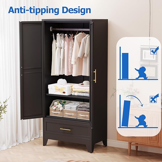 GAIOUS Steel Armoire Wardrobe Closet with Mirror Doors, 71" Household Wardrobe Cabinet with Hanging Rod and Drawer, Metal Clothing Storage Cabinet with Adjustable Shelf for Bedroom, Cloak, Gym(Black)