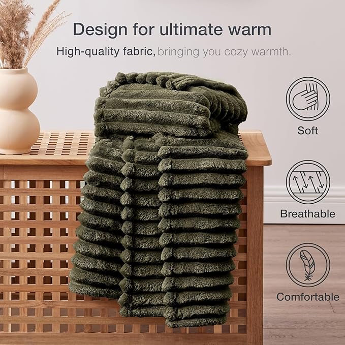 EXQ Home Fleece Throw Blanket for Couch or Bed - 3D Stripe Jacquard Decorative Blankets - Cozy Soft Lightweight Fuzzy Flannel Blanket Suitable for All Seasons(50"??60",Dark Green)