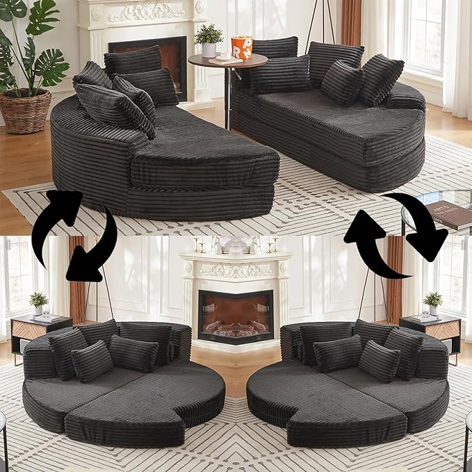 ERYE Oversized Round Sofa Chaise Daybed Comfy Corduroy Couch Boneless Sleeper Recliner Sofabed with 10 Pillows and Headrests