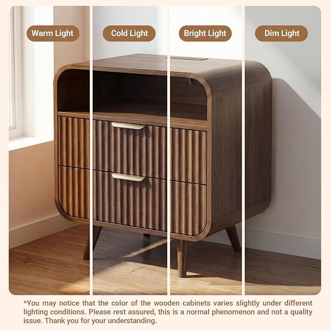 24" Curved Nightstand with Charging Station & LED Light,Modern Fluted End Table with 2 Drawers,Large Wooden Side Table with Open Shelf for Bedroom,Walnut,Set of 1 - Image 7