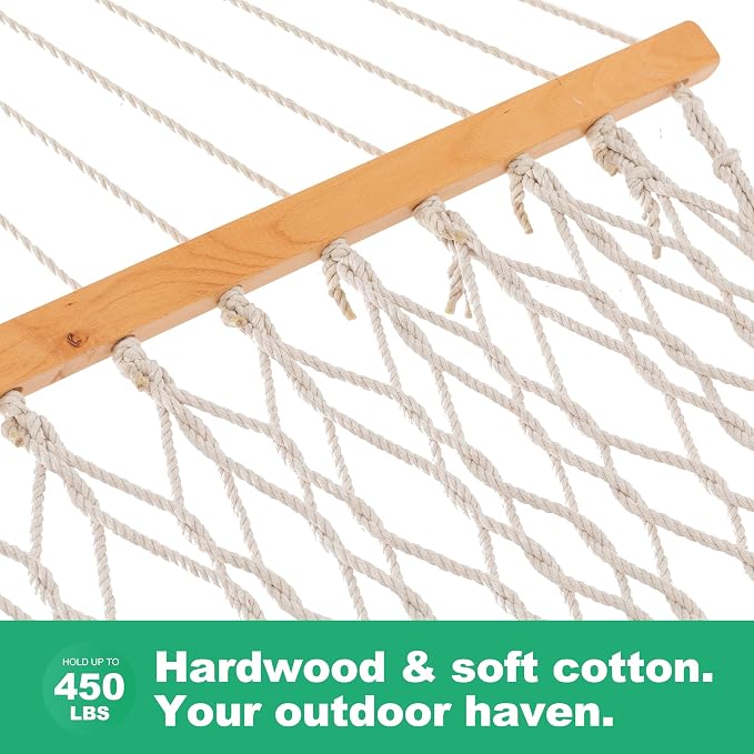 GAFETE 12ft Double Hammocks for Outside, Handwoven Traditional Cotton Rope 2 Person Hammock with Hardwood Spreader Bar, Chains & Hooks for Indoor Outdoor, Max 450 lbs Capacity (Natural Beige, Medium) - Image 4