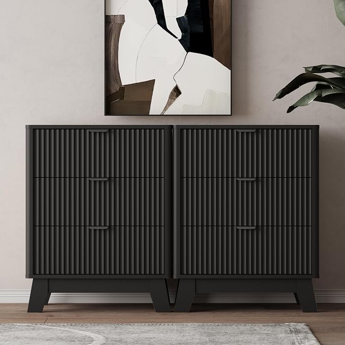 Wodeer Night Stands for Bedrooms Set of 2, Mid Century Modern Wood Bedroom Nightstand with 3 Drawers, Bedside Tables & End Tables with Metal Handles, Farmhouse Night Stands for Bedroom, Black by WODEER