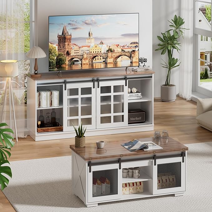 Upgraded Coffee Table with Lifting Top And Sliding Doors, Thick Panels, Industrial Metal Mesh Sides, Dual LED Accent Lights, Large Storage Center farmhouse square Table for Living Room, Cloud Drift