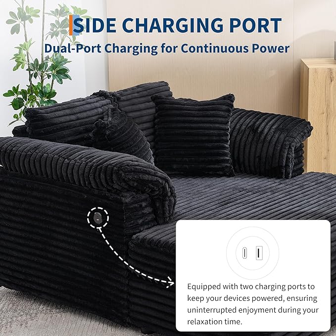 Oversized Chaise Lounge Chair 59 * 54 Inch Indoor Comfy Corduroy Cloud Sleeper Couch Upholstered Sofa Bed with USB Port Throw Pillows Supportive Armrests for Living Room
