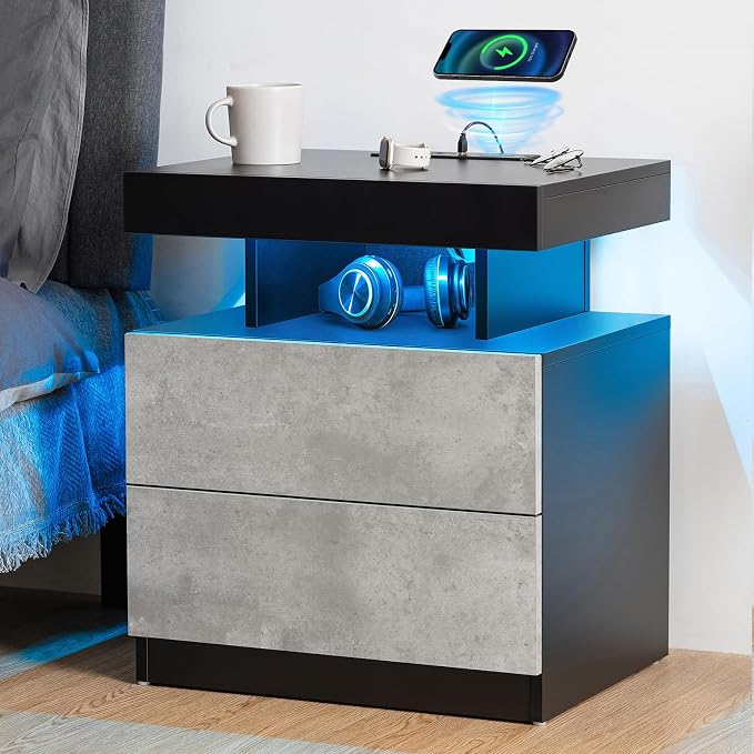 HOMMPA LED Nightstand with Wireless Charging Station & USB Ports High Gloss Bedside Table with LED Light RGB Adjustable Brightness Smart Nightstand 2 Drawers Night Stand for Bedroom Grey - Image 7