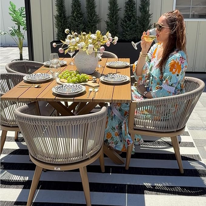 PURPLE LEAF Outdoor Dining Set for 6 All-Weather Aluminum 7 Piece Outdoor Patio Dining Furniture Sets with Woodgrain Table and Rope Weave Chairs Included Cushions for Backyard Patio Set Teak Color by PURPLELEAF