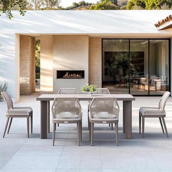 PURPLE LEAF 7 Pieces Patio Dining Set Aluminum Rectangular Table and Wicker Chairs with Cushions for Kitchen Porch Garden Modern Outdoor Furniture Sets, Light Grey by PURPLELEAF
