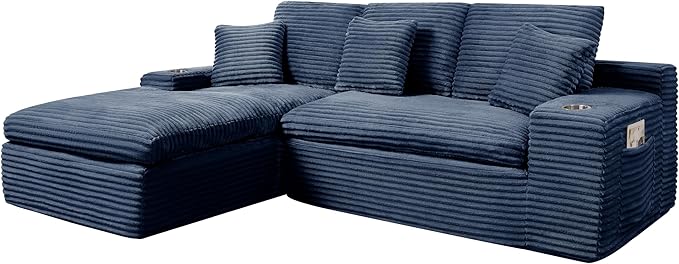 Cloud Compressed Modular Sectional Sofa, Comfy Corduroy Boneless Couch for Living Room, Modern L-Shaped Corner Couch with Cupholders and Extra Wide Chaise Lounge | Deep Seat, 11" Wider Armrest, Side Pockets, High-Resilience Foam, No Assembly Required