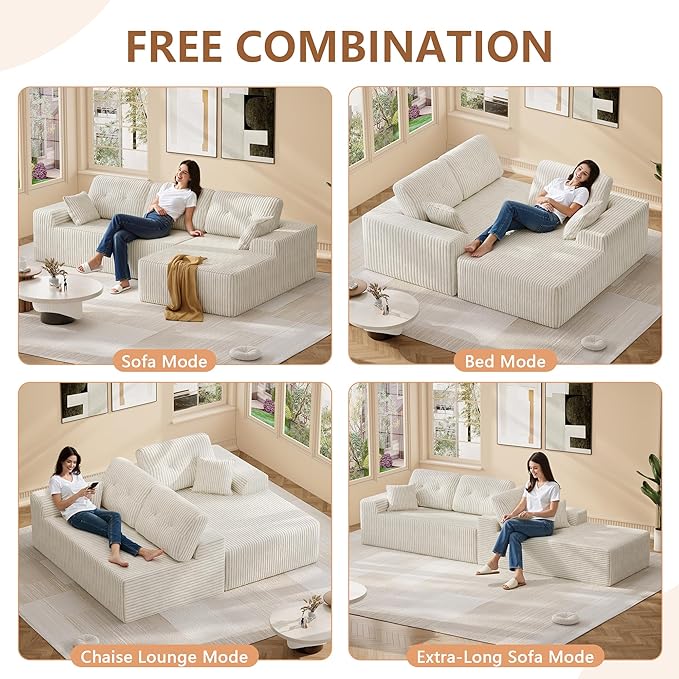 Ball & Cast 106" Modular Sectional Sofa,Cloud Corduroy Couch with Deep Seat,Boneless L-Shaped Sectional,Modern Comfort Upholstered Sofa for Living Room,No Assembly Required (Beige,Right Facing Chaise)