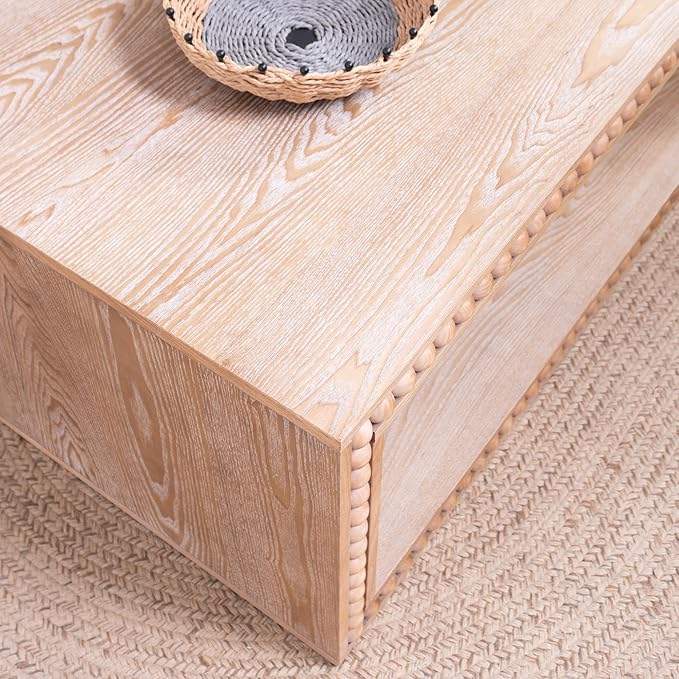 Rectangular Coffee Table with Real Wood Beads, Rustic Wooden Center Table with Open Storage Shelf, Farmhouse Tea Table for Living Room Apartment Office,47.6" L x 23.7" W x 17" H