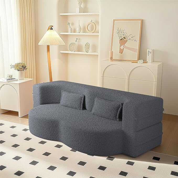 78" Convertible Sofa Bed, 2-in-1 Folding Floor Couch with 2 Pillows, Sleeper Sofa for Living Room and Bedroom, No Assembly Required (Grey, Teddy Fabric)