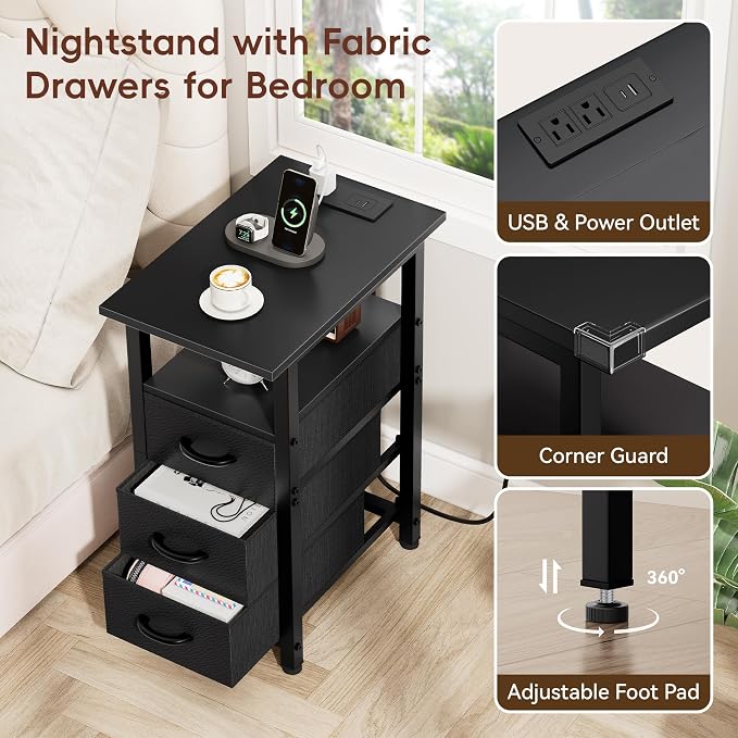 Vagusicc Set of 2 Black Nightstand with Charging Station and LED Lights, Narrow End Table, LED Night Stand with 3 Fabric Drawers for Bedroom, Small Bedside Table, Narrow Side Table for Small Spaces - Image 5