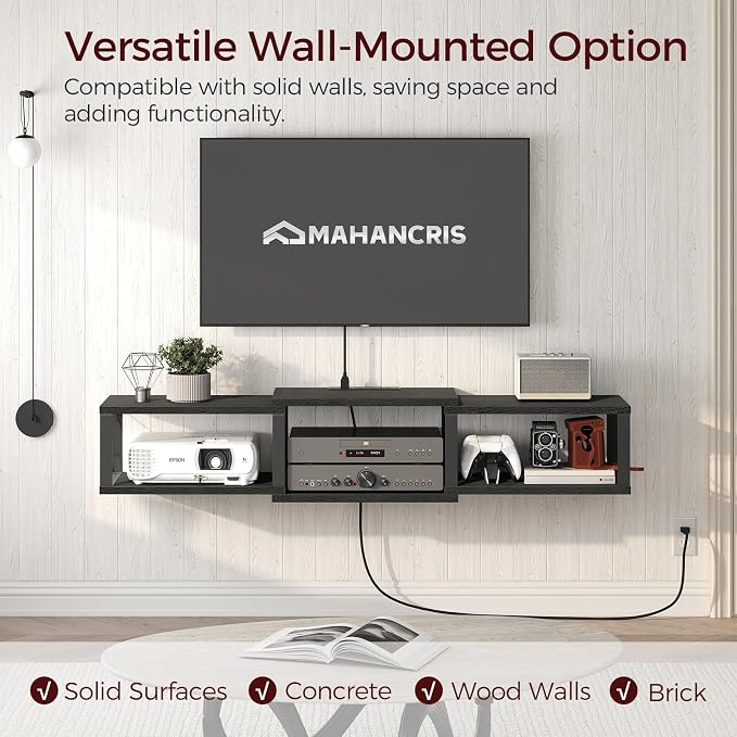 MAHANCRIS 43.7” Floating TV Stand with Power Outlet, Wall-Mounted Entertainment Center, Floating Metal Frame Media Console Shelf for Under TV Storage, for Living Room, Bedroom, Black TVHB101E01 - Image 4