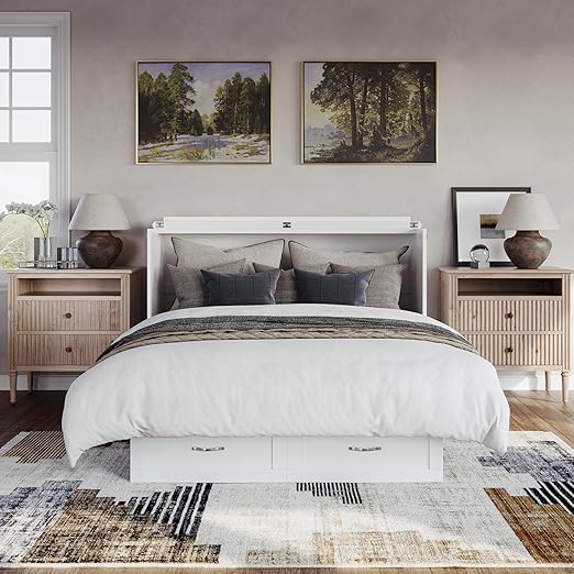 AFI, Chelsea Mid-Century Modern Queen Solid Wood Murphy Bed Chest with 6" Mattress, Storage Drawer & Built-in USB Charger, White