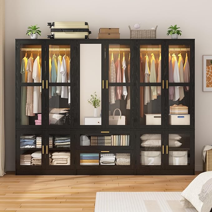 6 Doors Armoire Wardrobe Closet with LED and Mirror,71" H Freestanding Wooden Wardrobe Closet Cabinet for Bedroom w 2 Drawers,Wooden Clothing Storage Cabinet w Hanging Rod,Closets for Bedroom(Black)