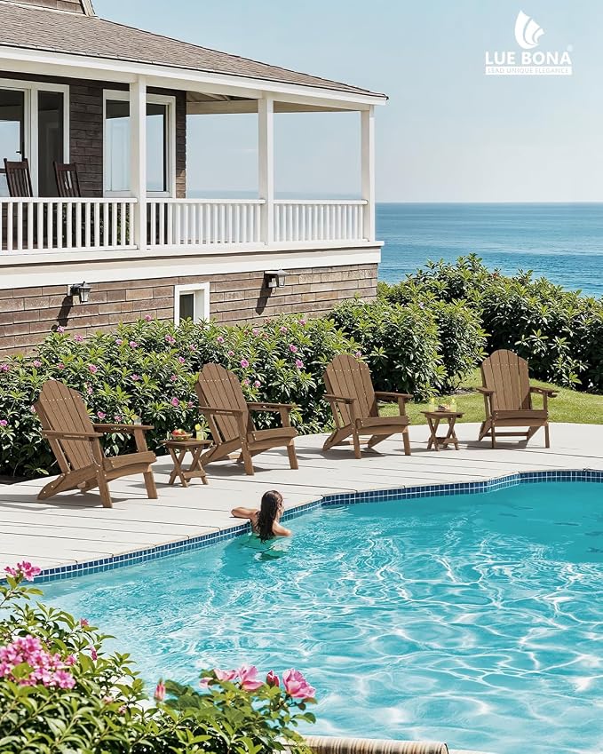 LUE BONA HDPE Folding Adirondack Chairs Set of 4 - Weather Resistant Rustic Wood-Grain Seating with Cup Holder for Cabin, Fire Pit, Deck & Resort Garden, Brown - Image 2