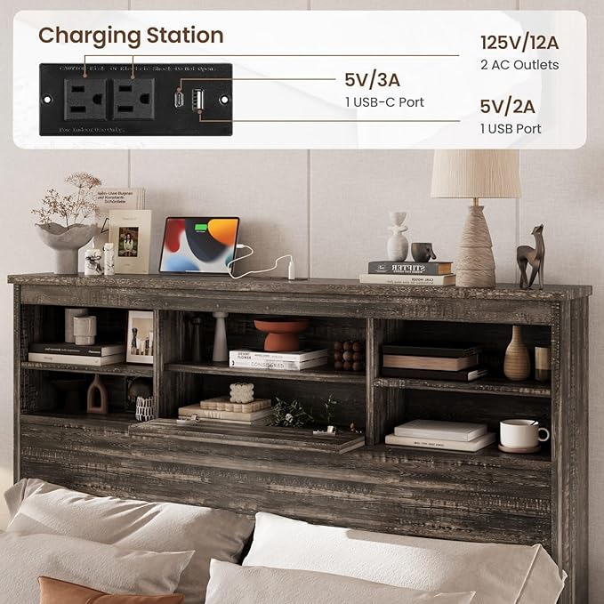 Merax 4-Pcs Queen Size Bed Frame Dresser Night Stand Bedroom Set, Platform with USB Charging Ports Storage Headboard & 1 x 5 Drawers Cabinet & 2 x Nightstands, Wooden, Antique Grey