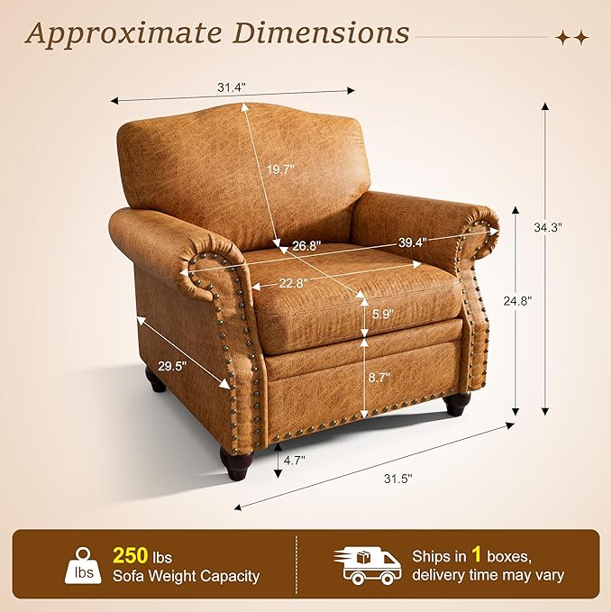 Single Sofa Chair, Faux Leather Nailhead Armchair, Rolled Arm Accent Chair for Living Room, Wood Legs, Traditional Single Couch Chair for Apartment, Farmhouse (Brown, Set of 2)