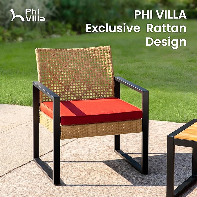 PHI VILLA Patio Wicker Furniture Set for 4, Yellow Rattan Loveseat & Chairs with Red Cushions & Acacia Wood Coffee Table, Outdoor Modern Conversation Sofa Set for Deck, Yard, Porch