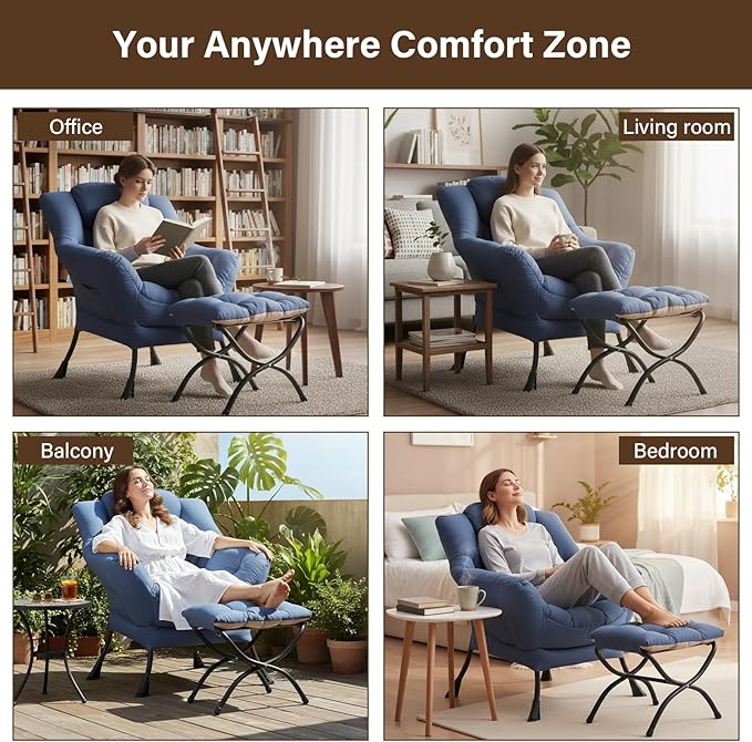 Welnow Lazy Chair with Ottoman, Modern Accent Chair with Armrests and a Side Pocket, Leisure Sofa Armchair, Reading Armchair with Footrest for Small Space, Royal Blue