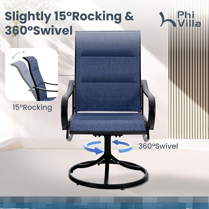 PHI VILLA Patio Swivel Dining Chairs Set of 6, All Weather Outdoor Chair with Padded Textilene & Black Metal Frame for Outdoor Lawn Garden Poolside (Blue) - Image 4