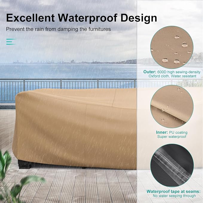 Patio Furniture Set Cover Waterproof, Heavy Duty Furniture Covers for Outdoor Sectional Sofa Set Wicker Rattan Table Chair Rectangular,118"L×57"W×28"H,Brown - Image 6