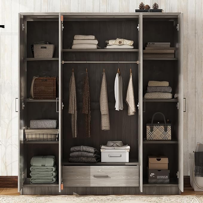 67.9" H Large Wardrobe Closet with 4 Doors, Freestanding Armoire Wardrobe Closet with Locking Drawer, Shelves and Hanging Rod, Wooden Bedroom Coat Closets Cabinet for Clothes, Gray
