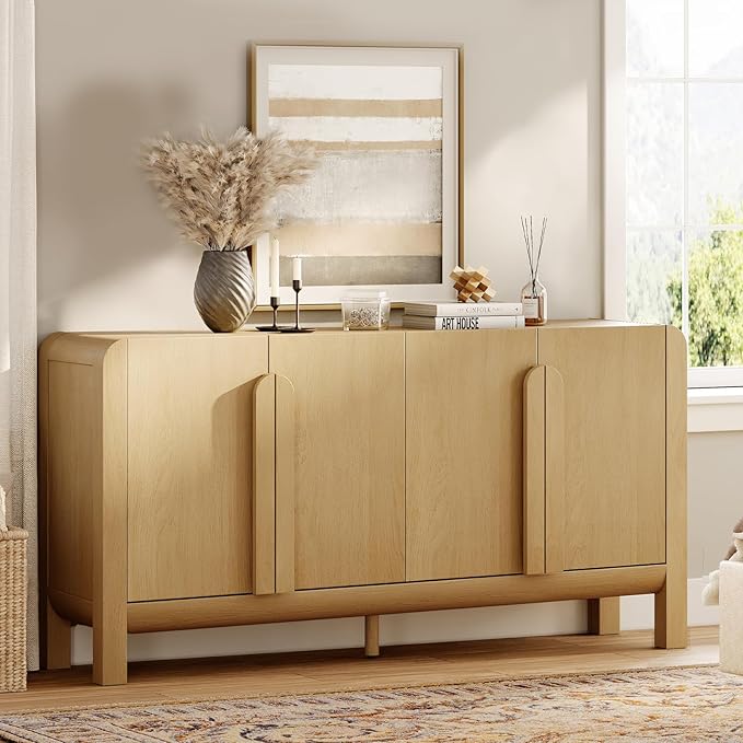 WAMPAT 3 Piece Bedroom Set, Modern 63" Wide Dresser Cabinet and Nightstand Set of 2 with Charging Station,Wood Storage Closet Chest with Curved Profile Handles for Bedroom,Oak